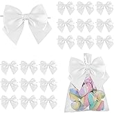 LiBongTa 4 Inch White Gift Bow Satin Ribbon Bows for Crafts, Pre-Tied Bows, Twist Tie Bow for Treat Bags, Premade Decorative Bow, Wrapping Bows for Presents, Wedding, Baby Shower-24 Counts