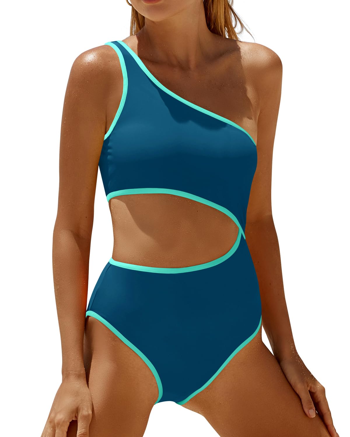 Photo 1 of Women's One Piece Swimsuit- One Shoulder Bathing Suit Cutout Tummy Control Swimwear Teal and Green S