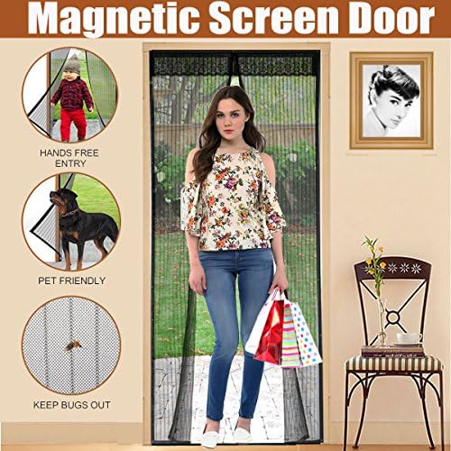 Magnetic Screen Door with Heavy Duty Mesh &amp; Full Frame Stickers,Aopet Hands Free Mesh Curtain ,Magic Breeze Door Net, Keep Bugs Out Fly Screen 35"-82" Max Black -12 Month Warranty