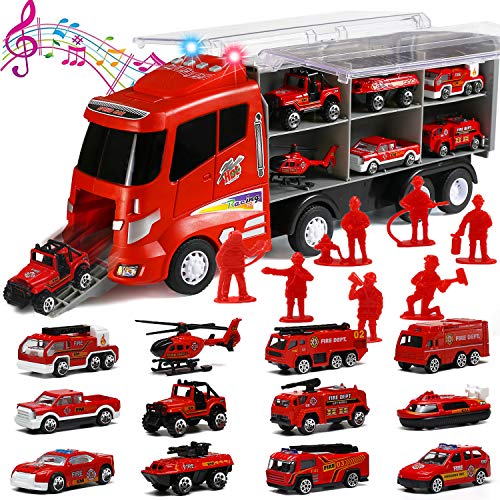 20 in 1 Die-cast Fire truck with Realistic Engine Sounds and Flashing Headlights, Toy Car Play Firetruck Vehicles in Carrier Truck with Firefighter Toy Set, Birthday Gift for 3 Years Old Boy Girl