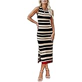 Zeagoo Womens Bodycon Midi Dresses Summer Casual Sleeveless Dress Women Knit Side Slit Striped 2025 Long Tank Dress