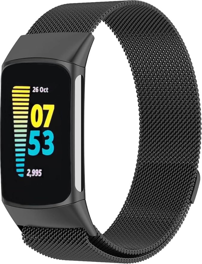 Panda Bobo Straps compatible with Fitbit Charge 6/5 Strap, Milanese Stainless Steel Replacement Band (Black)
