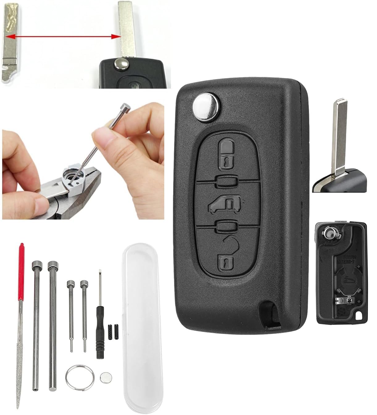 3-Buttons Key Fob Cover for Citroen Berlingo/ Dispatch (CE0536),Peugeot Expert/Partner Van,Toyota Proace,Fiat Scudo - with Pin Removal Tools