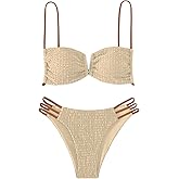SweatyRocks Women's 2 Piece Bikini Set Cut Out Textured Swimsuit Tie Back High Cut Smocked Bathing Suit