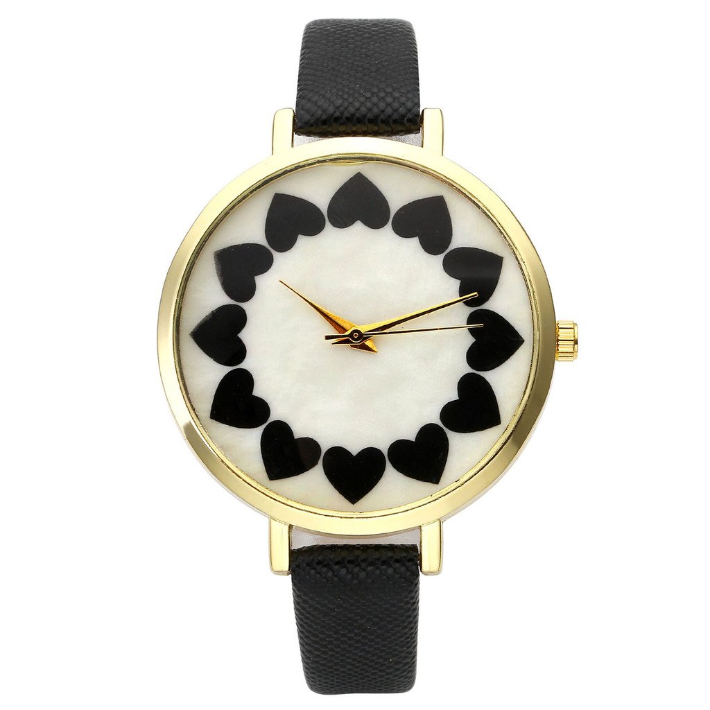 Top Plaza Heat Petals Dial Golden Alloy Case Small PU Leather Strap Analog Quartz Wrist Watch for Gilrs Women-Black