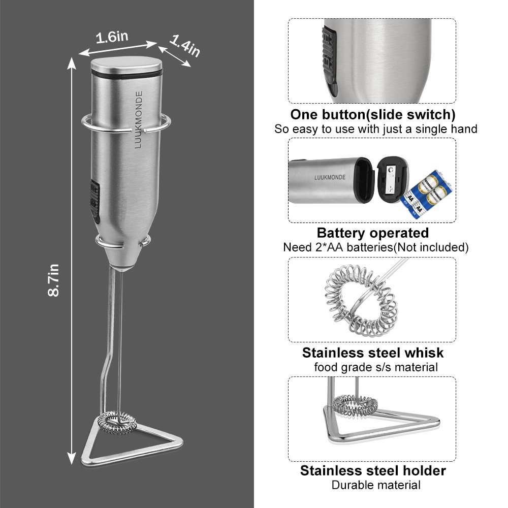 Luukmonde, 2 fruste in acciaio inox, a batteria, con supporto automatico per schiuma, ideale per latte macchiato, cappuccino, cioccolata calda (argento)