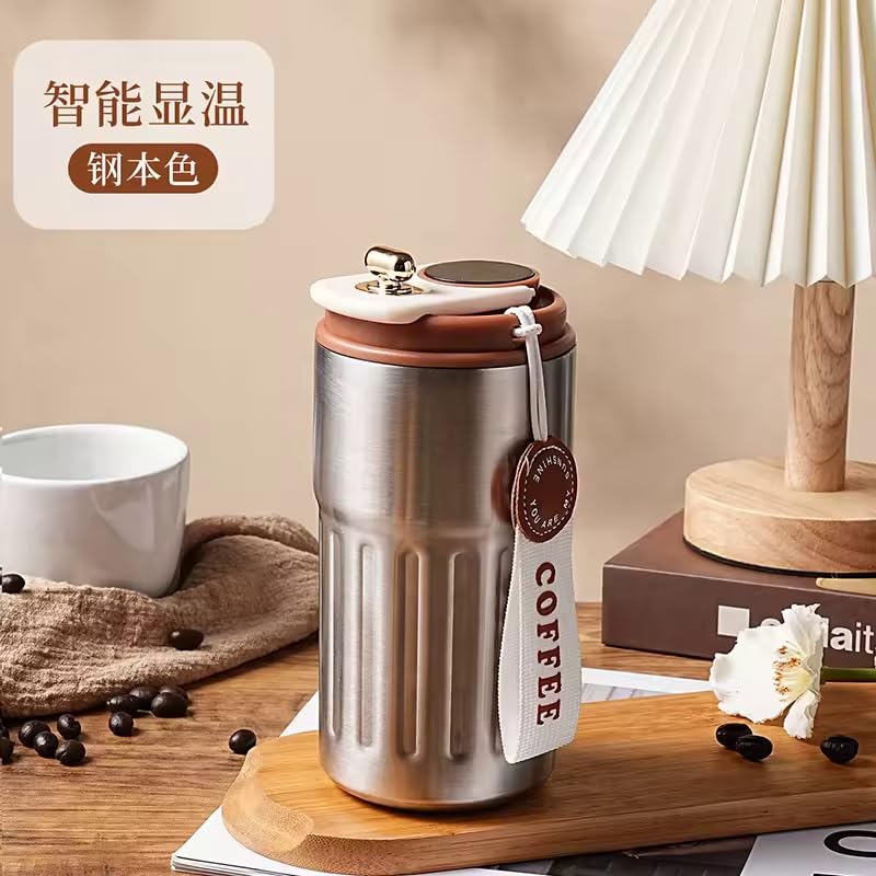 Copo Térmico Café 450ml Inox com Display Digital LED de Temperatura, Antivazamento, Portátil com Alça e Tampa, Isolamento a Vácuo, Mantém Bebidas Quentes e Frias por Horas (Prata/Inox)