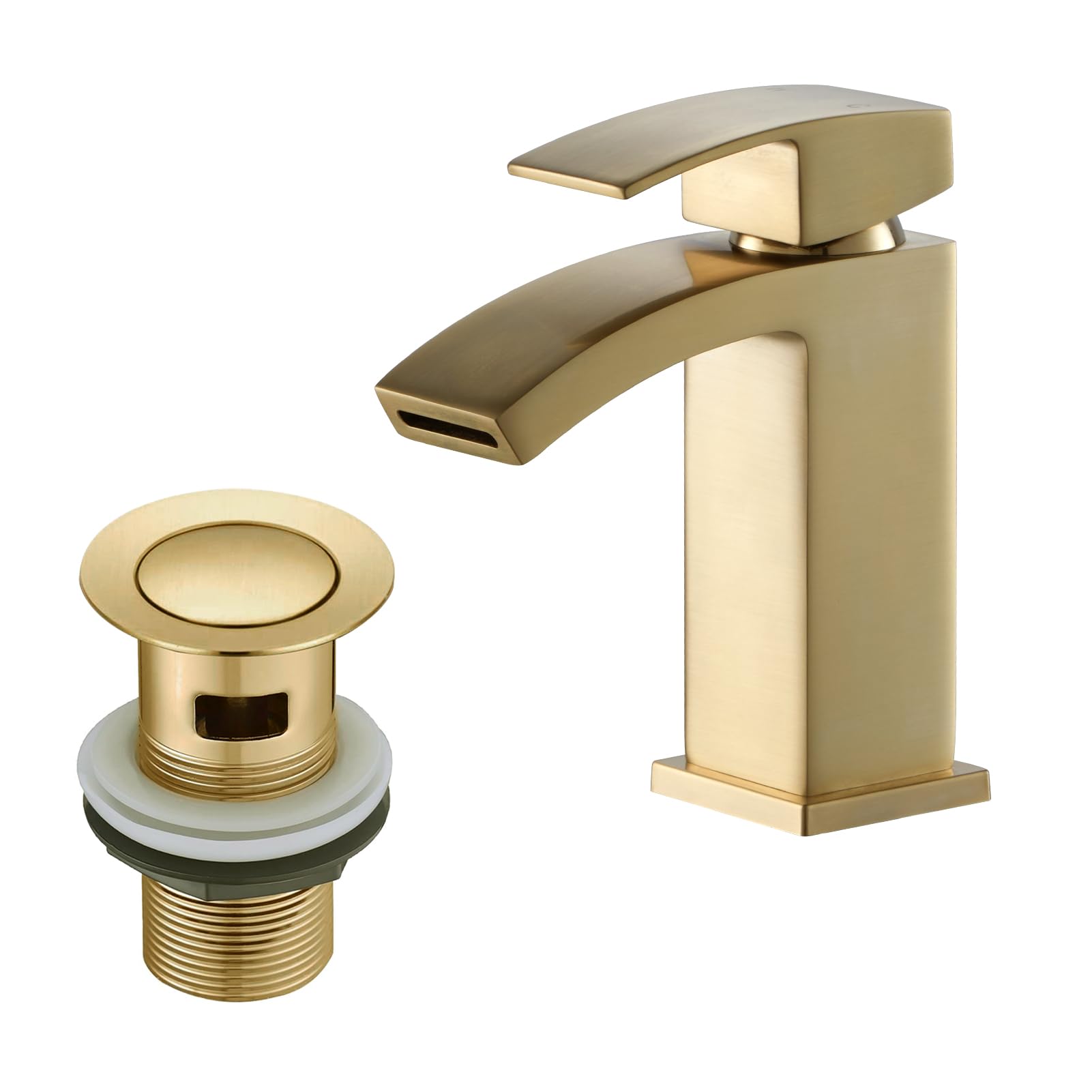 BATHWEST Square Basin Taps with Pop Up Waste, Monobloc Brass Bathroom Taps with Sink Plug 322MP (Gold, Small)