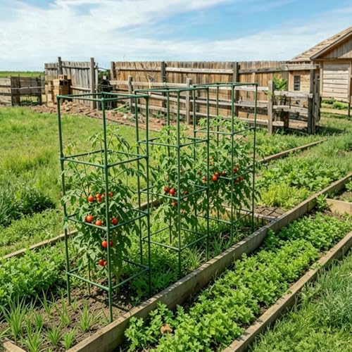 ZeeDix 4 Pack Tomato Cages for Garden 60 Inches, Heavy Duty Square Adjustable Tomato Trellis Cage Climbing Plant Support Trellis Plant Cages for Climbing Vegetables Flowers with 40Pcs Clips