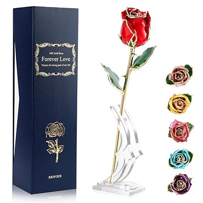 24K Gold Rose Red Fresh Rose Dipped in 24 Karat Gold, Natural Shape Rose Flower Gift for Her on Birthday Wedding Anniversary Graduation Housewarming Apology or Thankfulness, Red with Rose Stand