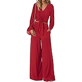 PRETTYGARDEN Women's 2 Piece Outfits 2026 Spring Fashion V Neck Long Sleeve Strappy Crop Top Wide Leg Pant Lounge Sets