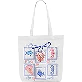 SAPEYKR Bow Coastal Ocean Animals Seahorse Sea Turtle Gift for Women Canvas Tote Bag Beach Bag Grocery Bags for Girls Trip