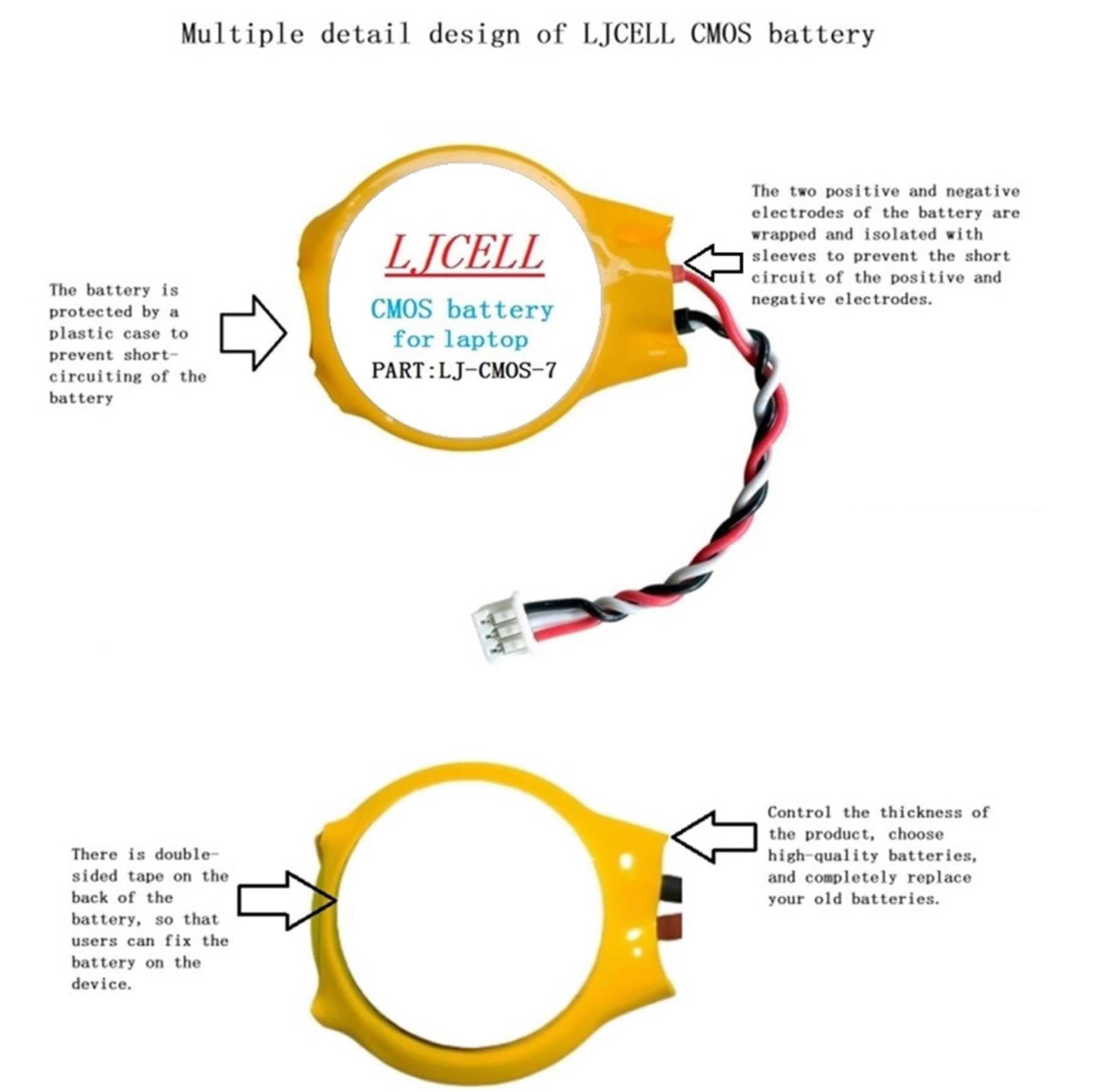 LJCELL CMOS Battery for DELL Latitude E4310 E5400 E5410 E5510 E6400 E6410 E6500 E6510 Backup BIOS RTC Battery with 3 Wire Cable and Connector