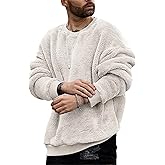 Pengfei Mens Fuzzy Sherpa Pullover Sweatshirts Long Sleeve Fleece Fluffy Crew Neck Fall Winter Warm Outwears White