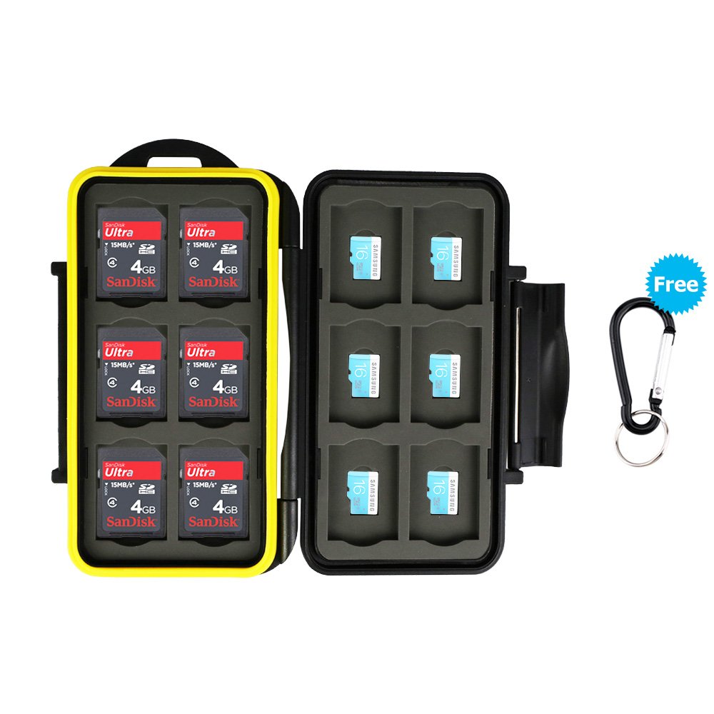 JJC Memory Card Case Water-resistance Carrying Holder 24 Slots Storage 12 PCS Micro SD/TF Cards and 12PCS SD/SDHC/SDXC Cards Protector Box with Carabiner