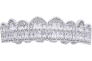 canjoyn 18K Gold Teeth Grillz Square Pave CZ 8 Teeth Top Bottom Men Women Grillz Diamonds Grillz+ 2 Extra Molding Bars