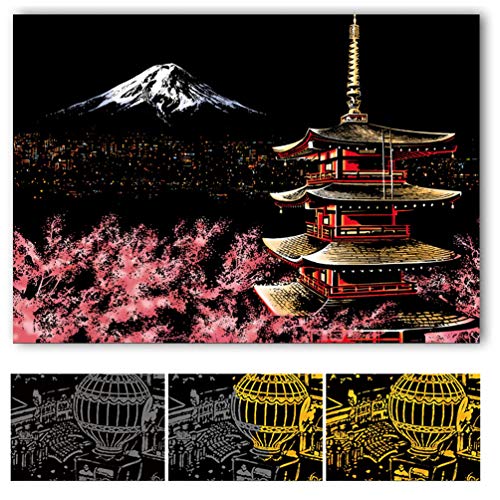 Scratch Art Paper DIY Night View Scratchboard Wooden Stylus for Adult and Kids, Size 11.2''x16'' (Mount Fuji) - Thumbnail 2
