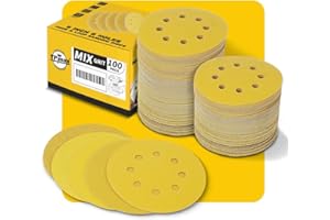 100PCS 5 Inch 125mm 8 Hole Sanding Discs Sandpaper Mixed Grits - Premium Gold Round Hook and Loop for Random Orbital Sander (