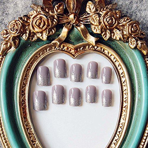 Yean Set of 24 False Nails Bridal Purple Grey Silver Powder Press on Nails Shoet Nail Vintage Full Cover Size Glossy Fake Nail Tips Nail strips with Glue and Adhesive Tab for women and girls