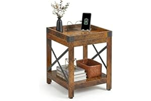 Farmhouse Side Table with Charging Station,Square End Table with 2-Tier Storage Shelf, Sofa Table with X-Metal Frame Industri