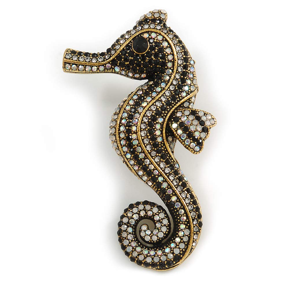 Black/Ab Crystal Seahorse Brooch in Aged Gold Tone Metal - 70mm Tall