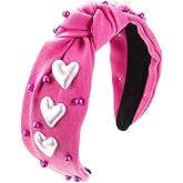 Doneace Valentines Day Rhinestone Headband for Women Girls, White Heart Love Knotted Hairband Cute Fashion Pink Pearl Jeweled Wide Top Knot Headbands for Valentine Party Dating Hair Bandanas Headdress