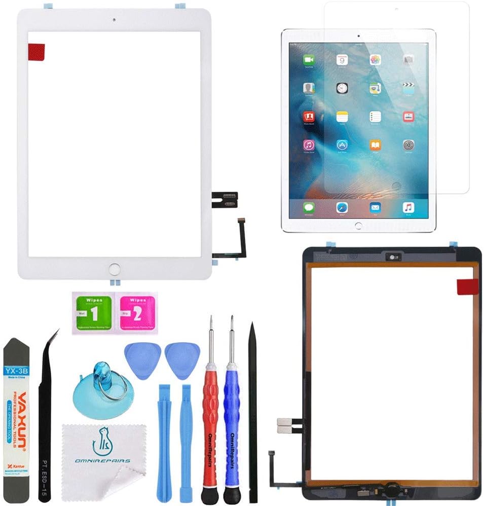 OmniRepairs Touch Screen Glass Digitizer Assembly OEM Replacement with Home Button Compatible for iPad 6 (6th Generation) 2018 Model (A1893 and A1954) with Adhesive and Repair Toolkit (Silver/White)
