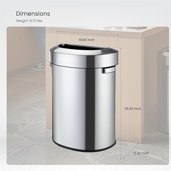 HOME ZONE LIVING 18 GALLON OPEN TOP TRASH CAN FOR COMMERCIAL AND OFFICE USE, SEMI-ROUND FLAT BACK DESIGN, SILVER, 68 LITERS