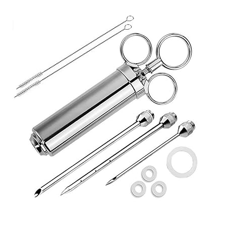 Fleischinjektorspritze, Edelstahl Marinade Flavour Injector Kit mit 2-Unzen-Lauf, 3 Nadeln und Bonus: 2 Leder-Untersetzer und