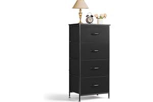 SAGENEST Nightstand, 4 Drawer Dresser End Table Bedside Furniture with Wooden Top Steel Frame Fabric Bins for Bedroom, Closet, Entryway, Dorm, Living Room, Black