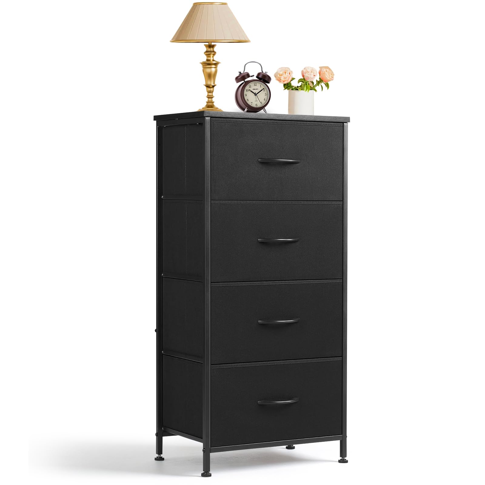 Photo 1 of **missing parts Nightstand, 4 Drawer Dresser End Table Bedside Furniture with Wooden Top Steel Frame Fabric Bins for Bedroom, Closet, Entryway, Dorm, Living Room, Black