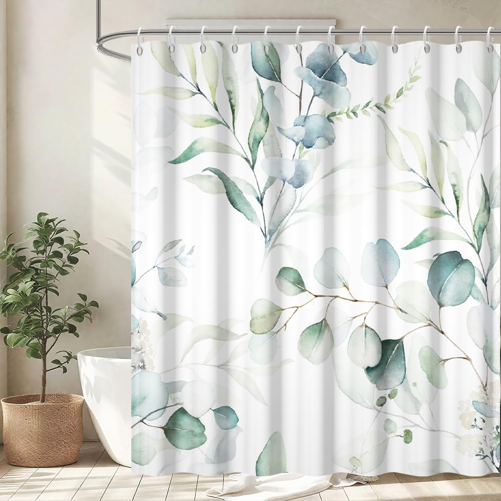 Uiiooazy Eucalyptus Shower Curtain, Sage Green Leaves Shower Curtain Floral Plant Bath Curtain Mildew and Mould Resistant Waterproof Polyester Fabric Washable Shower Curtain with 12 Hooks 180Wx200Hcm — image 1