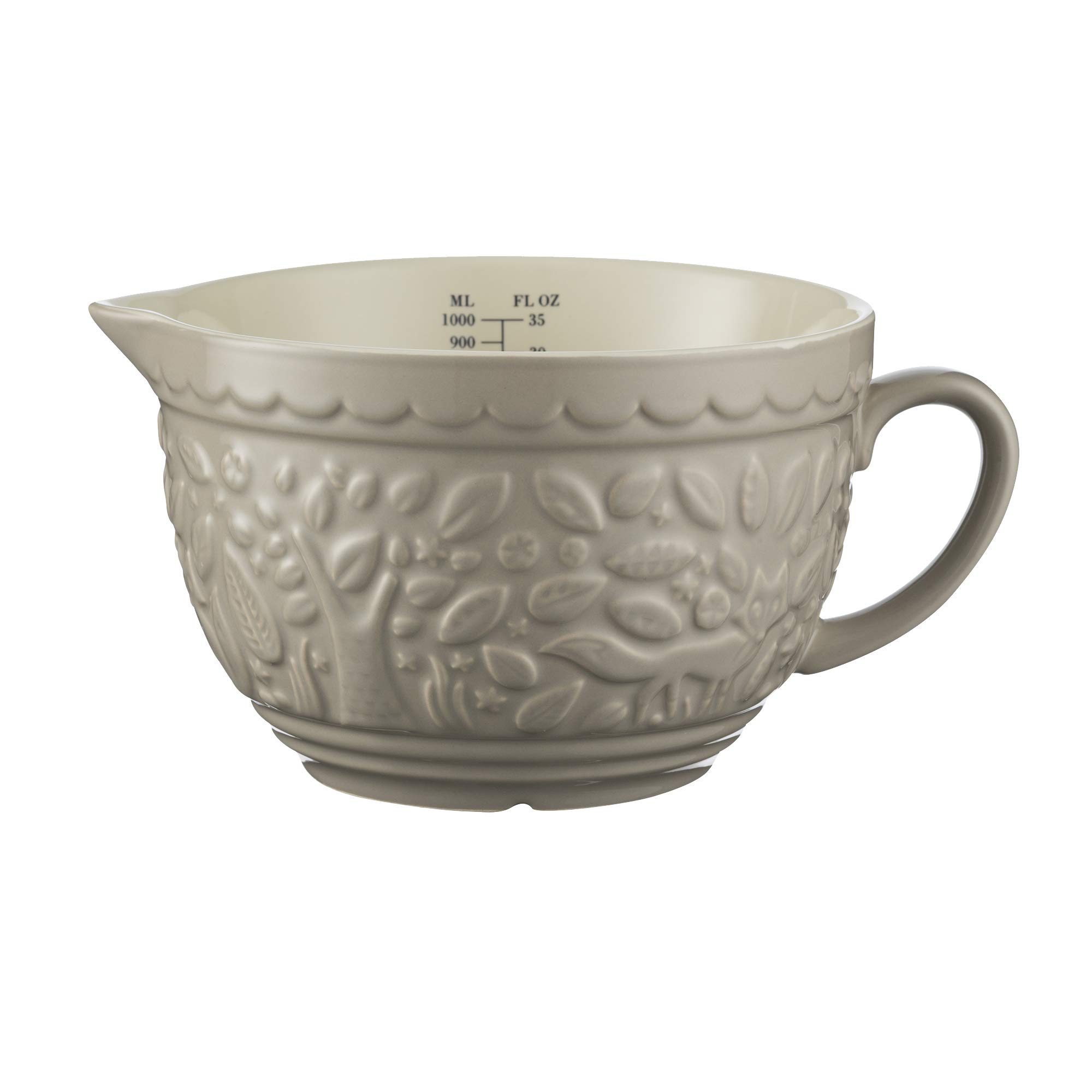 Mason Cash in The Forest Fox Measuring Jug 1 Litre | Stone Grey Stoneware Jug with Handle & Spout, Embossed Woodland Design
