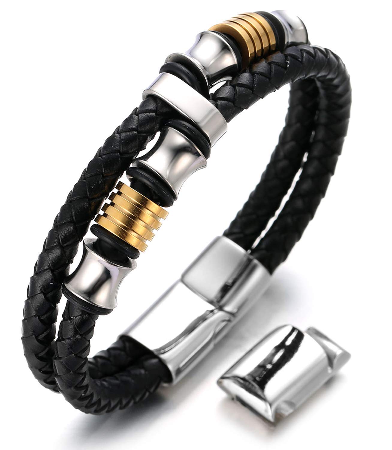 HALUKAKAH Kids ● Honour Junior ● Boy's Genuine Leather Bracelet 6-12 Y/O. with Titanium Beads Silver & Golden Magentic Clasp 7-8"/18-19.5cm with Free Giftbox