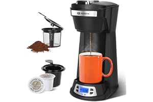 Aigostar Single Serve Coffee Maker for K Cup and Ground Coffee, 24H Timer, 6 to 14 Oz Brew Sizes, Single Cup Coffee Maker with Self-Cleaning, Fits Travel Mug, Fast Brewing Capsule Coffee Machine,Black