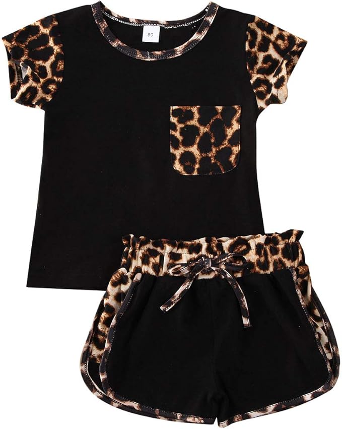Toddler Kids Baby Girl Leopard Print Shorts Outfits TShirt Tops Sweat