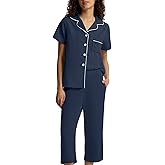 SIORO Capri Pajamas Set for Women, Button Down Sleepwear Short Sleeve Loungewear, Waffle Knit Top with Capri Pants Pjs