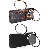 REAVEE 2 Pack Pinch Nose Clip on Reading Glasses Armless for Men Women, No Temple Slim Compact Readers Ultra Thin with Mini Portable Case, Black and Tortoise +2.5