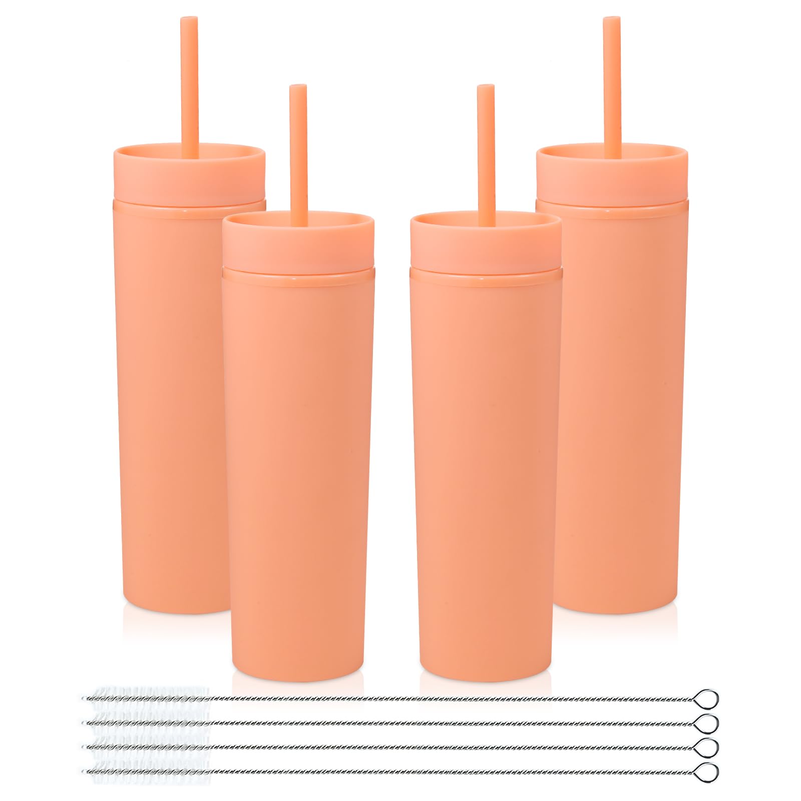 Volhoply 16oz 470ml Plastic Skinny Tumblers with Lid and Straw Bulk | Double Wall | Reusable Iced Coffee Mug | BPA Free | Matte Acrylic Water Cups (Orange,4 Pack) — image 1