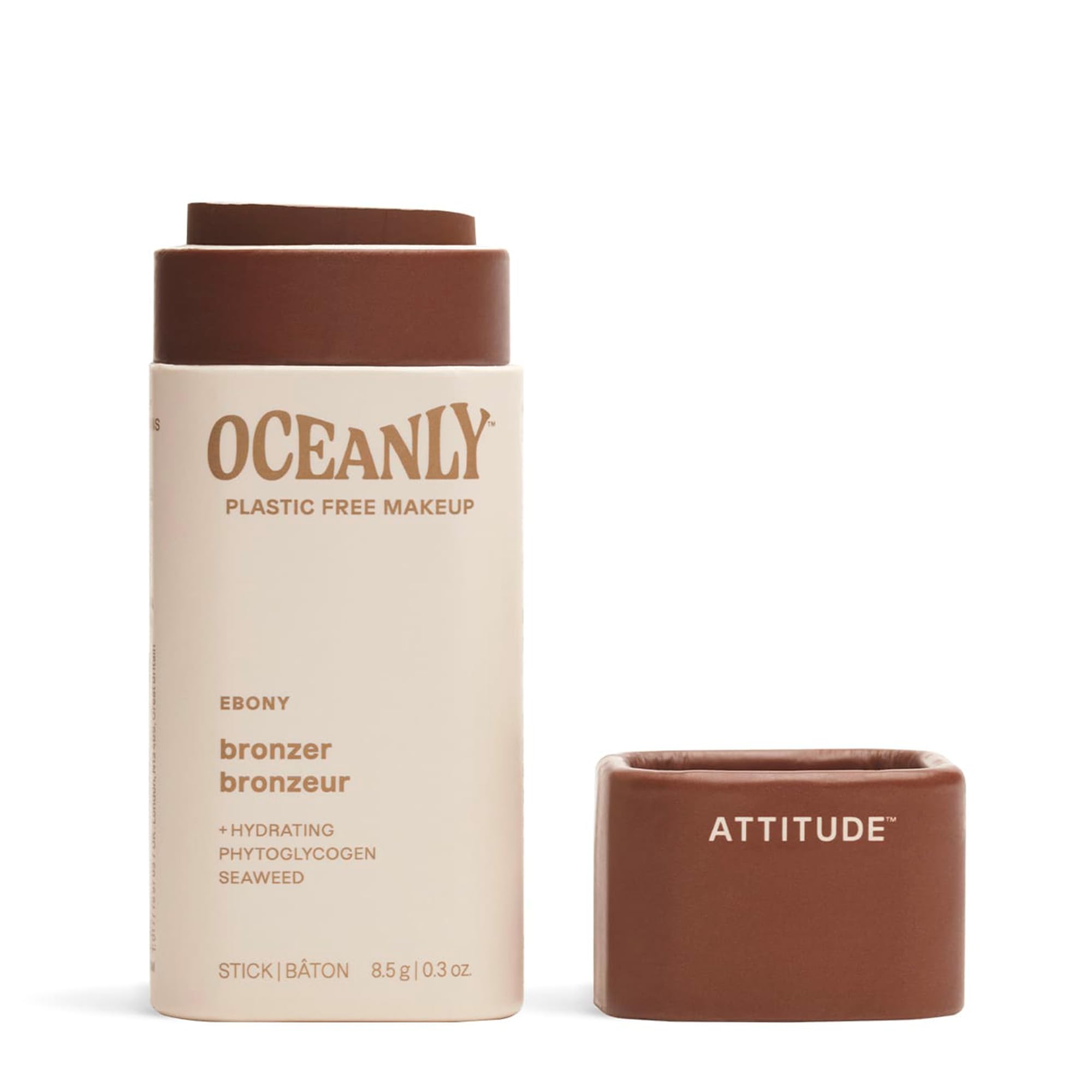 ATTITUDE Oceanly Plastic-Free Lightweight Bronzer Stick, Titanium Dioxide-Free, EWG Verified, Vegan Makeup, Ebony, 8.5 grams