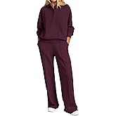 PRETTYGARDEN Women Fall 2 Piece Outfits Sweatsuits Quarter Button Long Sleeve Sweatshirt Wide Leg Pants Tracksuit Lounge Sets