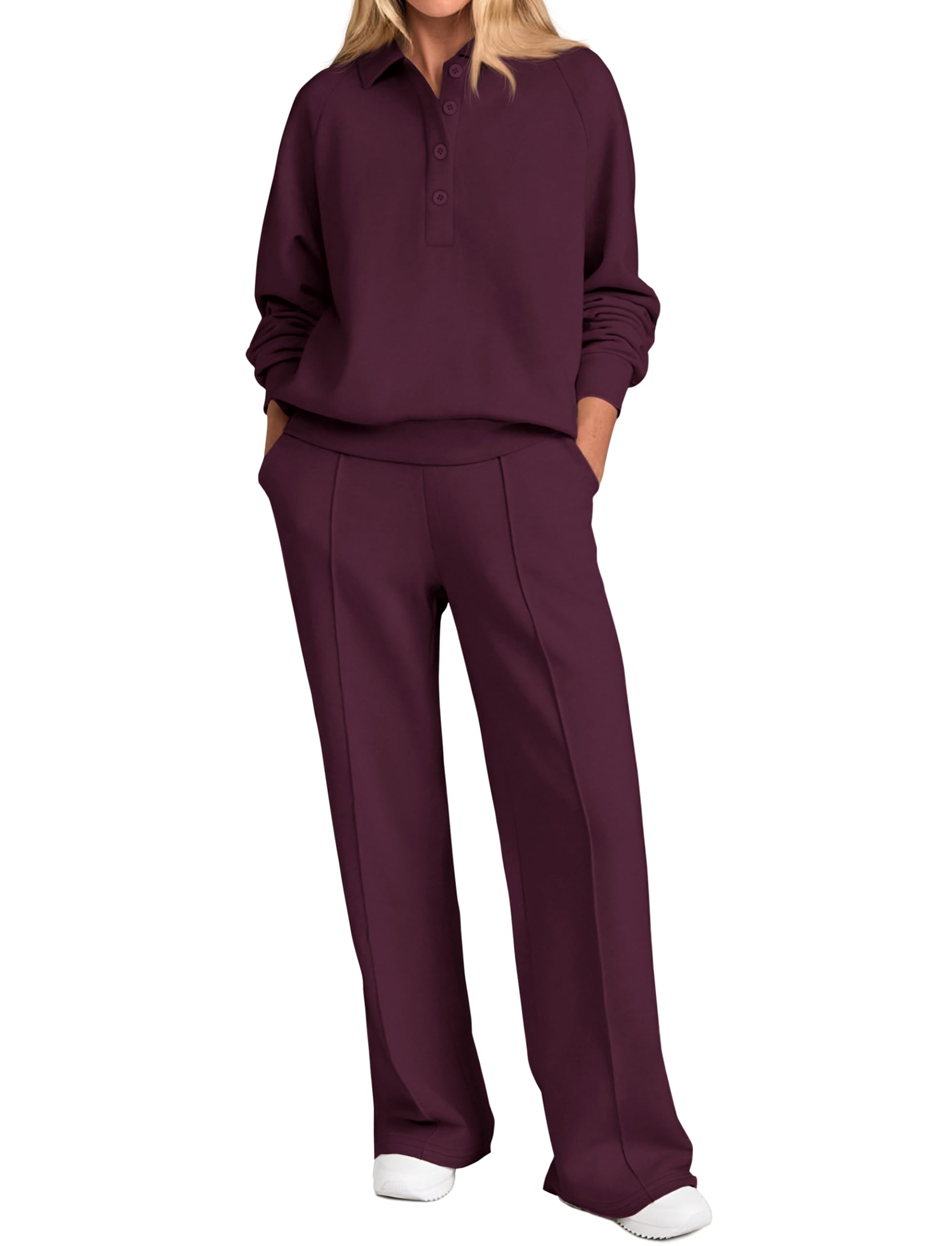 Photo 1 of PRETTYGARDEN Women Fall 2 Piece Outfits Sweatsuits Quarter Button Long Sleeve Sweatshirt Wide Leg Pants Tracksuit Lounge Sets(Dark Wine Red,Medium)