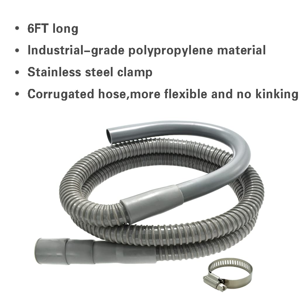 Universal Washing Machine Drain Hose - 6 Ft Discharge Hose with Long Hook - Corrugated and Flexible Washing Machine Hose Drain Replacement with Clamp