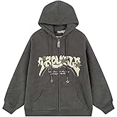 OATSBAS Y2K Zip Up Hoodie for Women Men Letter Print Star Graphic Grunge Hooded Corduroy Sweatshirt Jacket