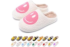 AIMINUO Women's Men's Retro Preppy Happy Face Slippers Comfy Warm Plush Slip-On House Slipper for Winter Indoor Soft Cushion Non-slip Fluffy Slides Slippers