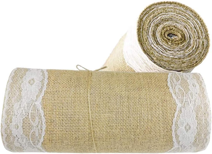 stylish14 Burlap Table Runner-12” Wide x 10 Yards Long Burlap Lace Roll, Rustic Natural Burlap Fabric Lace Roll with Finished Edges Wedding Party Dining Home Decor Hessian Lace Roll Table Runner 390"