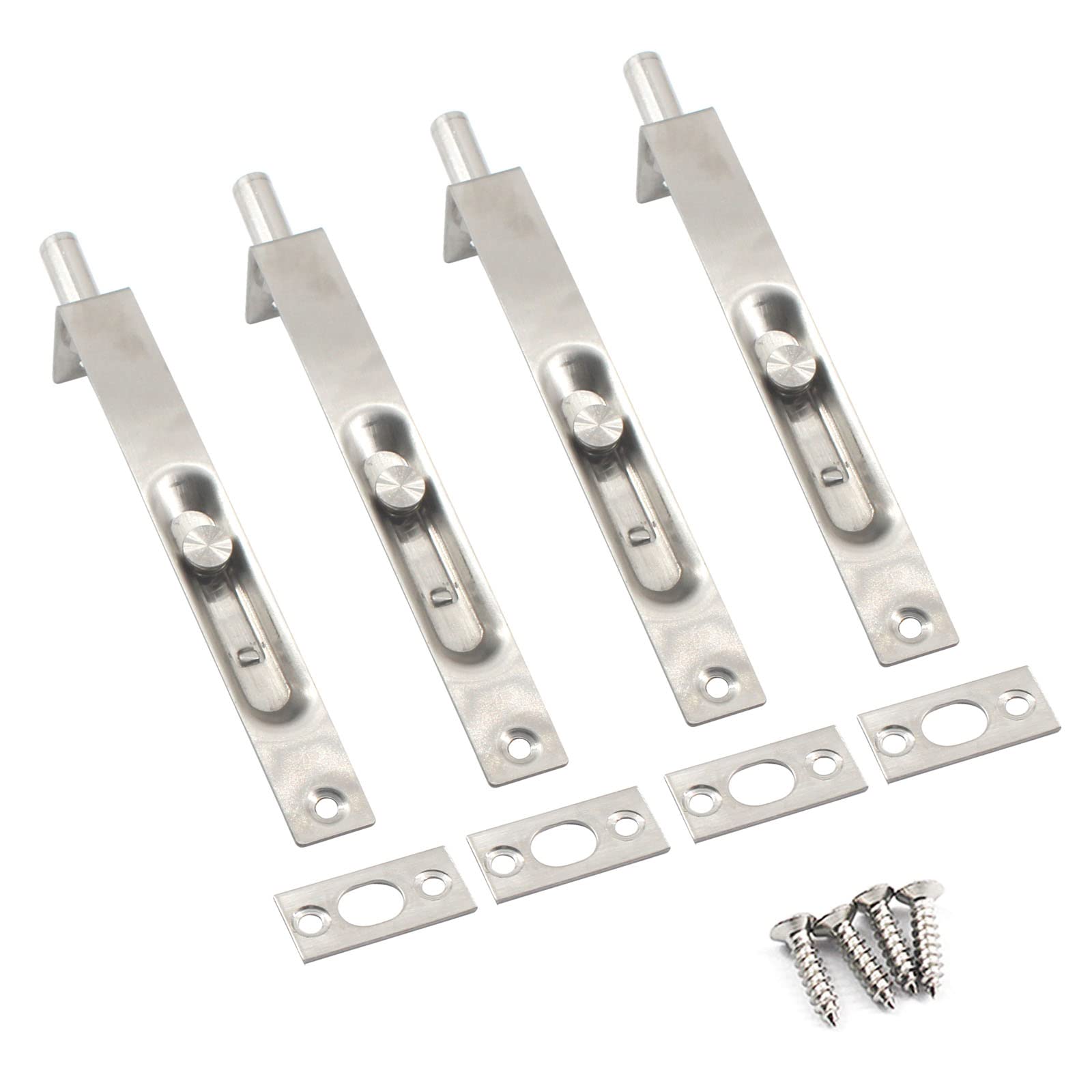 8 Inch Stainless Steel Door Lock Silver Concealed Flush Bolt Slide Latch Bolt with Screws (4 Pieces)
