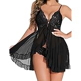 LNRFHI Women Lingerie Front Closure Babydoll Lace Chemise V Neck Ruffle Nightgown Sexy Sleepwear
