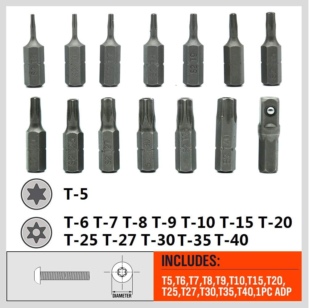 HORUSDY 14-Piece Tamper Resistant Star Bits, S2 Steel, T5 - T40 Security Torx Bit Set (14-Piece) - - 