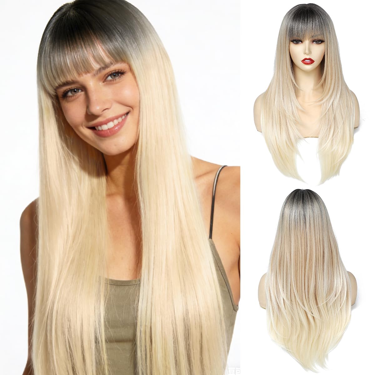 Yamel Hair Wigs with Fringe Ombre Blonde 24 Inch Adjustable Cosplay or Daily Natural Straight Long Wigs for Women Lady